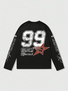 ROMWE MEN Street Life Summer Casual Graphic Men'S Racing Letter Print Long Sleeve T-Shirt Suitable For Everyday Wear, Spring/Summer, Fall - Black - View 2