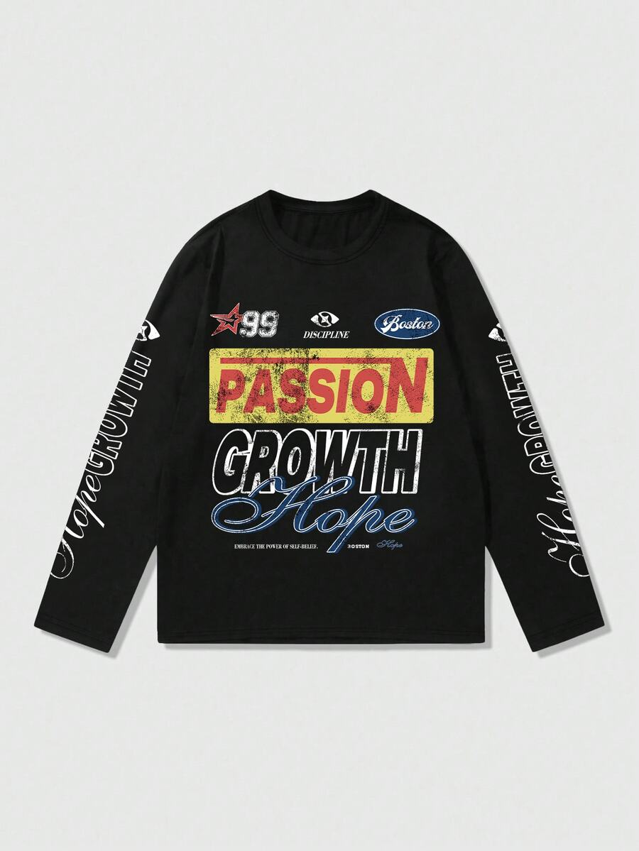 ROMWE MEN Street Life Summer Casual Graphic Men'S Racing Letter Print Long Sleeve T-Shirt Suitable For Everyday Wear, Spring/Summer, Fall - Black - View 1