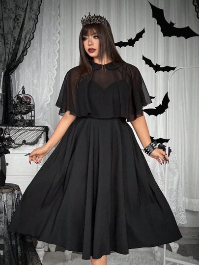 Whyspr Halloween Plus Size French Vintage Peter Pan Collar Shawl Strap Full Skirt Dress 2 Pieces Set