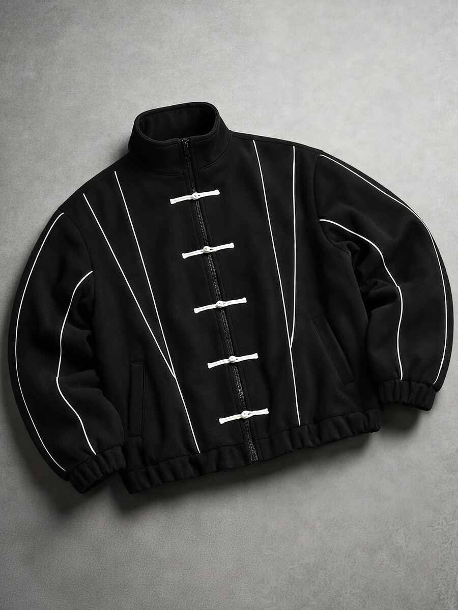 STYNVO Men's Contrast Color Frog Button Casual Daily Long Sleeve Jacket - Black - View 1