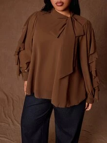Rustia Blusa de talla grande con cuello de lazo y ribete de volantes - Café integral - Ver 7