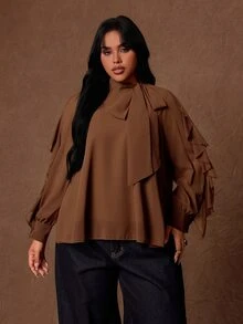 Rustia Blusa de talla grande con cuello de lazo y ribete de volantes - Café integral - Ver 8