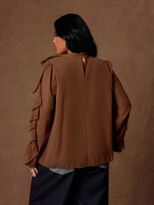 Rustia Blusa de talla grande con cuello de lazo y ribete de volantes - Café integral - Ver 2