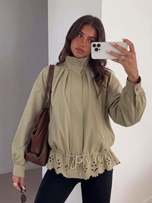 Siren Gaze Women's Autumn Casual Hollow Out Cinched Waist Jacket Travel Work Everyday Travel Khaki Green - Khaki - View 1