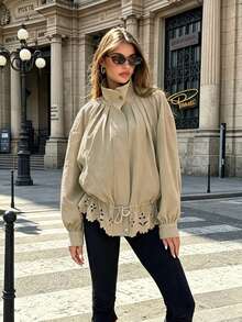 Siren Gaze Women's Autumn Casual Hollow Out Cinched Waist Jacket Travel Work Everyday Travel Khaki Green - Khaki - View 8