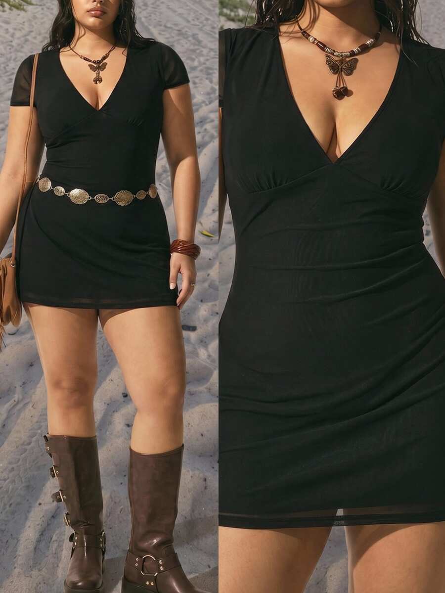 GalTyme Plus Size Women Solid Color V-Neck Cap Sleeve Fitted Sexy Casual Boho 90s Dress Night Out Vacation Club Black Summer Halloween