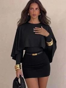 Aloruh Long Sleeve Cape Top Elegant Maturity Romantic Minimalist Office Cocktail Dinner Night Out Commute Black Fall - Apricot - View 1