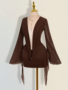 SHEIN ICON Sexy Oversized Plunging Neckline Mesh Patchwork Backless Mini Dress - Brown - View 9
