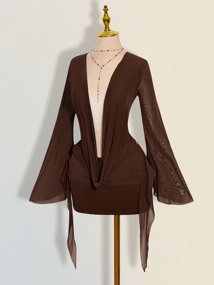 SHEIN ICON Sexy Oversized Plunging Neckline Mesh Patchwork Backless Mini Dress - Brown - View 9