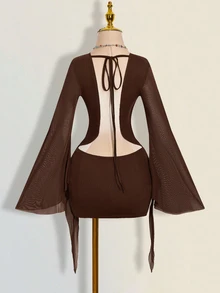 SHEIN ICON Sexy Oversized Plunging Neckline Mesh Patchwork Backless Mini Dress - Brown - View 2