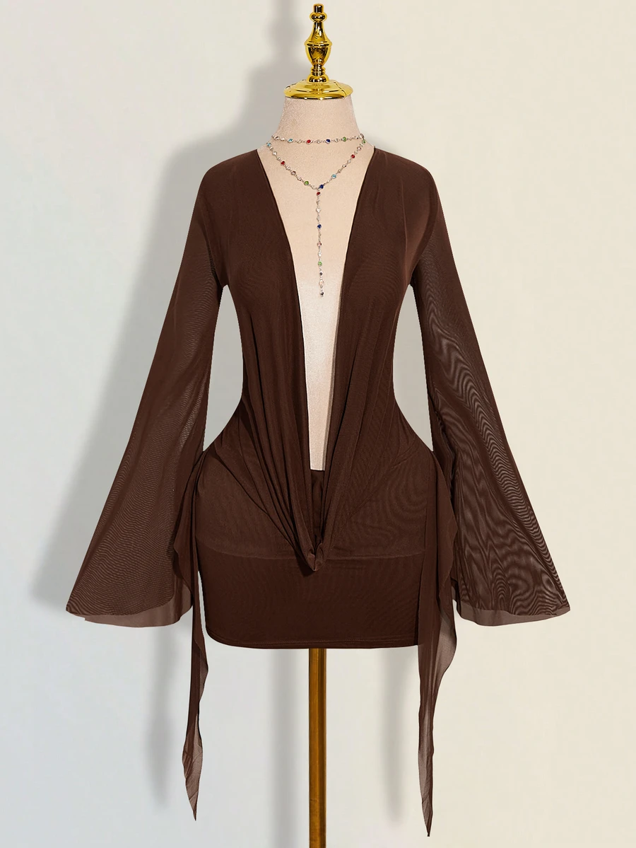 SHEIN ICON Sexy Oversized Plunging Neckline Mesh Patchwork Backless Mini Dress - Brown - View 1