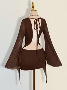 SHEIN ICON Sexy Oversized Plunging Neckline Mesh Patchwork Backless Mini Dress - Brown - View 8