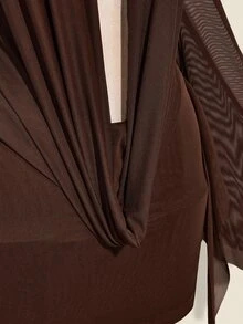 SHEIN ICON Sexy Oversized Plunging Neckline Mesh Patchwork Backless Mini Dress - Brown - View 7