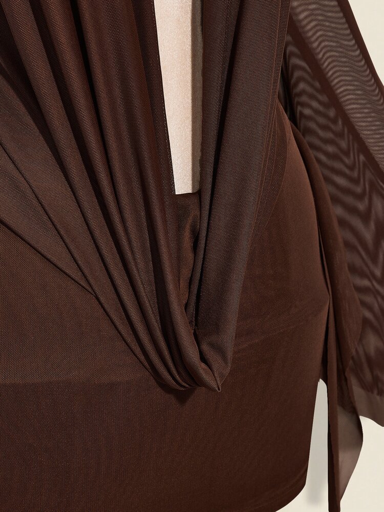 SHEIN ICON Sexy Oversized Plunging Neckline Mesh Patchwork Backless Mini Dress - Brown - View 7