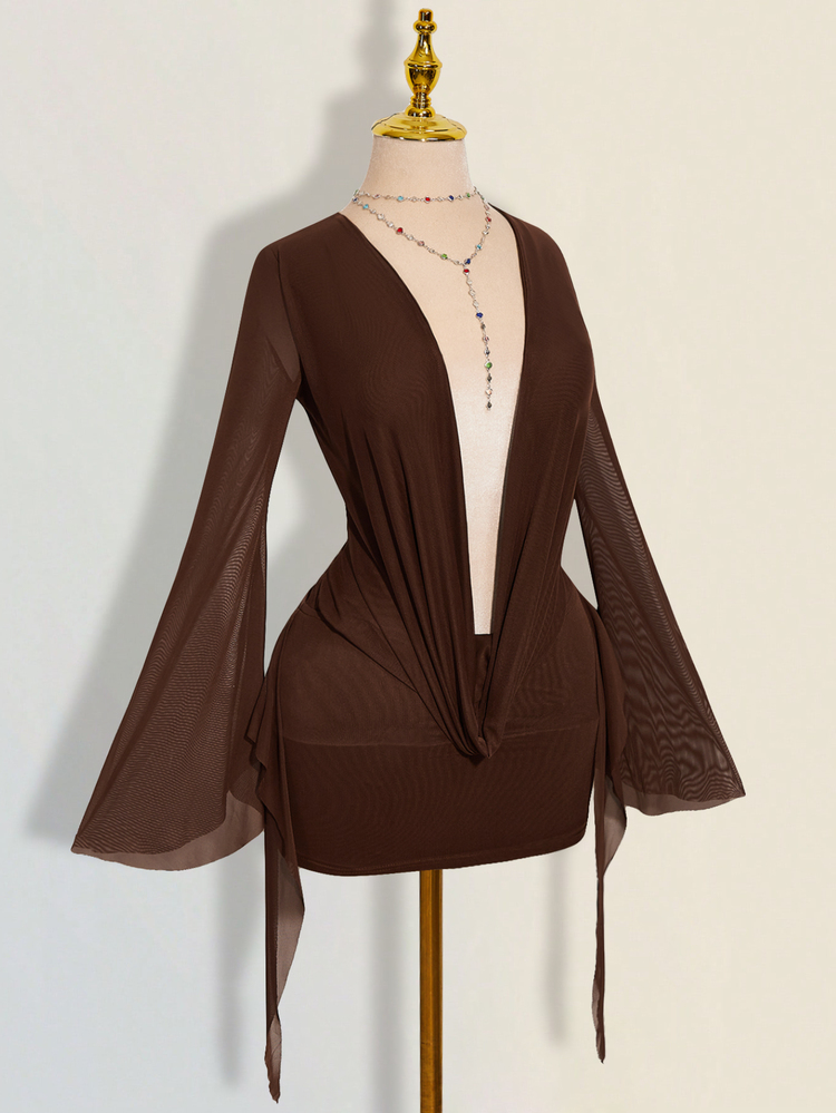 SHEIN ICON Sexy Oversized Plunging Neckline Mesh Patchwork Backless Mini Dress - Brown - View 5