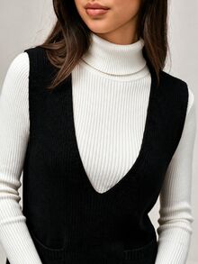SHEIN Orluneo 女款秋冬深V領純黑色針織毛衣背心，無袖寬鬆長版上衣，附口袋，休閒日常辦公穿搭層次造型 - 黑色 - 查看 4