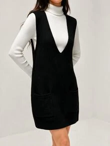 SHEIN Orluneo 女款秋冬深V領純黑色針織毛衣背心，無袖寬鬆長版上衣，附口袋，休閒日常辦公穿搭層次造型 - 黑色 - 查看 6