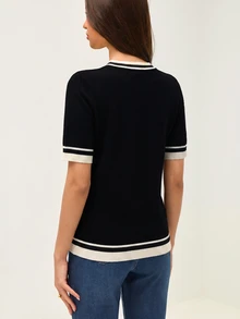 SHEIN Orluneo Contrast Color Striped Round Neck Short Sleeve Top, Casual & Comfortable Knit Fabric, Spring/Summer - Black - View 3
