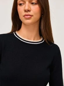 SHEIN Orluneo Contrast Color Striped Round Neck Short Sleeve Top, Casual & Comfortable Knit Fabric, Spring/Summer - Black - View 8