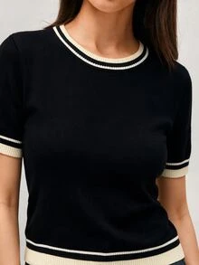 SHEIN Orluneo Contrast Color Striped Round Neck Short Sleeve Top, Casual & Comfortable Knit Fabric, Spring/Summer - Black - View 7