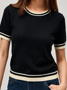 SHEIN Orluneo Contrast Color Striped Round Neck Short Sleeve Top, Casual & Comfortable Knit Fabric, Spring/Summer - Black - View 5