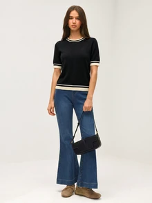 SHEIN Orluneo Contrast Color Striped Round Neck Short Sleeve Top, Casual & Comfortable Knit Fabric, Spring/Summer - Black - View 4