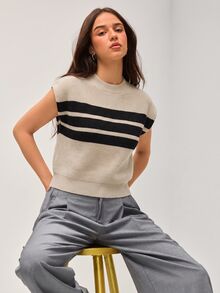 SHEIN Orluneo 條紋圖案毛衣背心不帶T恤 - 卡其色 - 查看 5