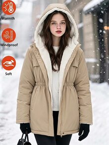 SHEIN 青少年女孩長袖抓絨卡其色保暖內裡連帽加厚外套,厚羊羔絨內裡,修身腰線,拉鍊與鈕扣雙重閉合,布料 - 卡其色 - 查看 2