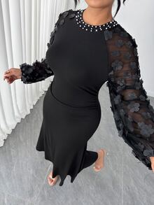 Elenzga Gaun Maxi Mermaid Berpotongan Pas Badan dengan Detail Kerut dan Kain Jala Jacquard Elegan Ukuran Plus untuk Musim Gugur - Hitam - View 8
