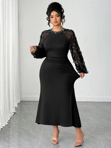 Elenzga Gaun Maxi Mermaid Berpotongan Pas Badan dengan Detail Kerut dan Kain Jala Jacquard Elegan Ukuran Plus untuk Musim Gugur - Hitam - View 6