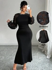 Elenzga Gaun Maxi Mermaid Berpotongan Pas Badan dengan Detail Kerut dan Kain Jala Jacquard Elegan Ukuran Plus untuk Musim Gugur - Hitam - View 1