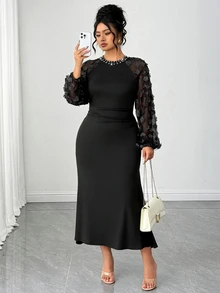 Elenzga Gaun Maxi Mermaid Berpotongan Pas Badan dengan Detail Kerut dan Kain Jala Jacquard Elegan Ukuran Plus untuk Musim Gugur - Hitam - View 5
