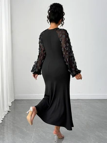Elenzga Gaun Maxi Mermaid Berpotongan Pas Badan dengan Detail Kerut dan Kain Jala Jacquard Elegan Ukuran Plus untuk Musim Gugur - Hitam - View 2