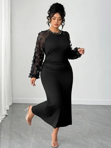 Elenzga Gaun Maxi Mermaid Berpotongan Pas Badan dengan Detail Kerut dan Kain Jala Jacquard Elegan Ukuran Plus untuk Musim Gugur - Hitam - View 7