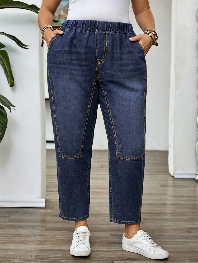 EMERY ROSE EMERY ROSE Plus Size Women Elastic Waist Loose Fit Tapered Leg Jeans Formal Going Out Vacation Navy Blue Fall Casual Kawaii Baggy - Dark Wash - View 7