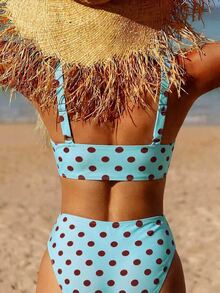 SHEIN Swim 2026 Spring/Summer Fashionable Sexy & Slimming Blue Base Brown Polka Dot Bikini Swimwear, Perfect For Beach Vacation - Multicolor - View 2