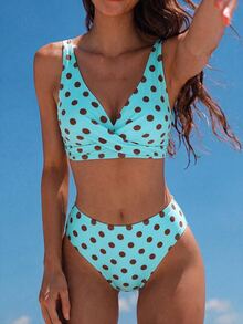 SHEIN Swim 2026 Spring/Summer Fashionable Sexy & Slimming Blue Base Brown Polka Dot Bikini Swimwear, Perfect For Beach Vacation - Multicolor - View 3