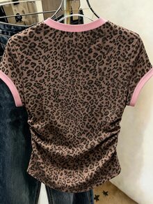 Franclia 女款戶外休閒運動上衣，夏季新款，修身收腰，棕色與粉色，馬騎與豹紋印花，女款T恤 - 彩色 - 查看 2