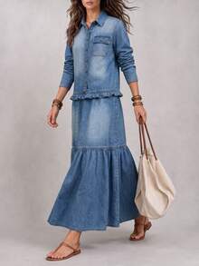 Balvessa Women's Pleated Casual Party Summer Denim Dress - Blue - View 3