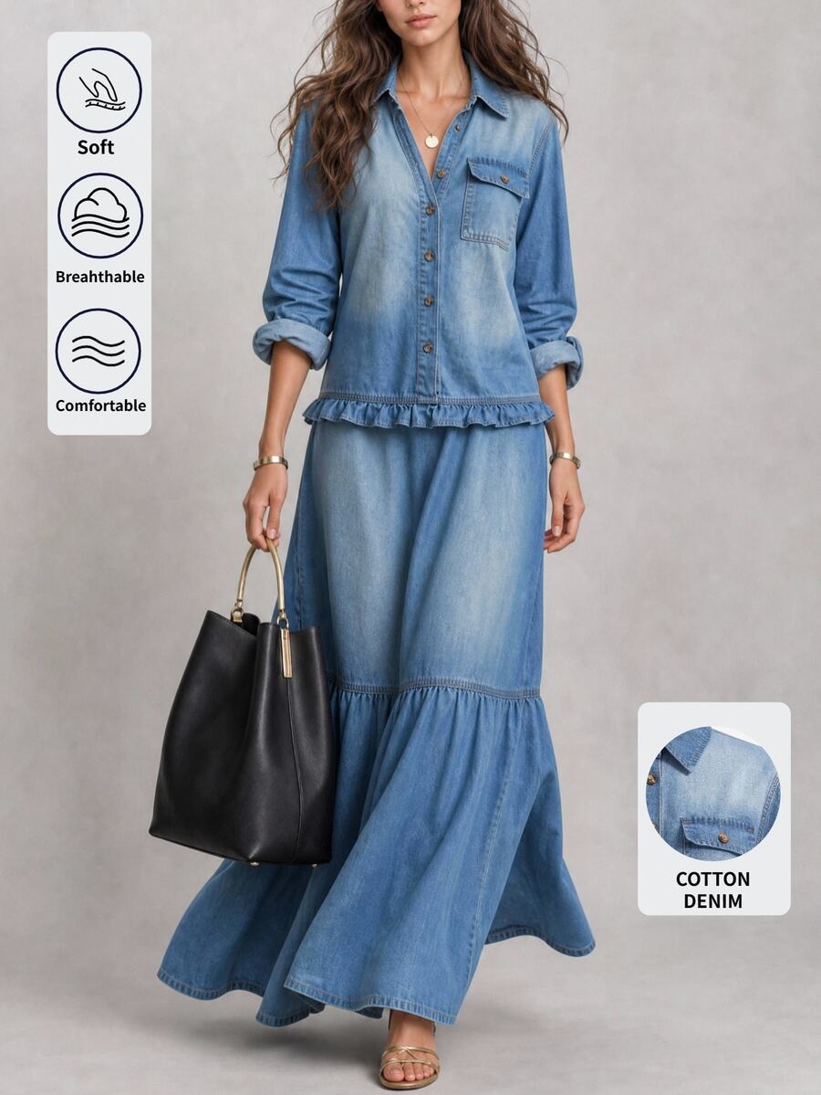 Balvessa Women's Pleated Casual Party Summer Denim Dress - Blue - View 1