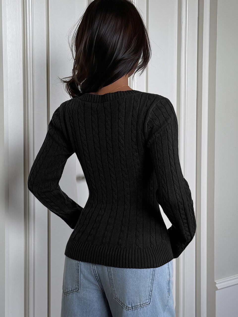 Women's Black Round Neck Long Sleeve Cable Knit Ribbed Slim Fit Casual Sweater, Autumn/Winter