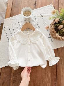 SHEIN LMoss Kids 女嬰編織純色彼得潘領泡泡袖休閒上衣 - 白色 - 查看 8