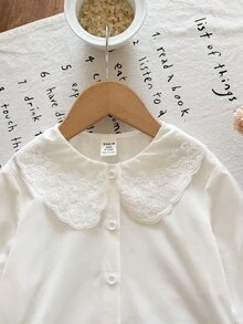 SHEIN LMoss Kids 女嬰編織純色彼得潘領泡泡袖休閒上衣 - 白色 - 查看 5