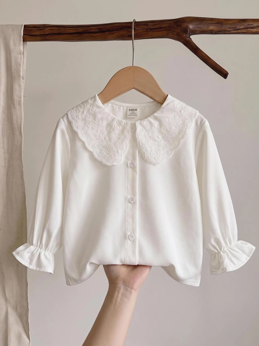 SHEIN LMoss Kids 女嬰編織純色彼得潘領泡泡袖休閒上衣 - 白色 - 查看 1