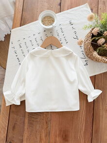 SHEIN LMoss Kids 女嬰編織純色彼得潘領泡泡袖休閒上衣 - 白色 - 查看 2