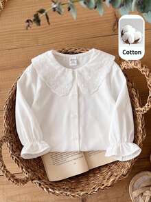 SHEIN LMoss Kids 女嬰編織純色彼得潘領泡泡袖休閒上衣 - 白色 - 查看 7