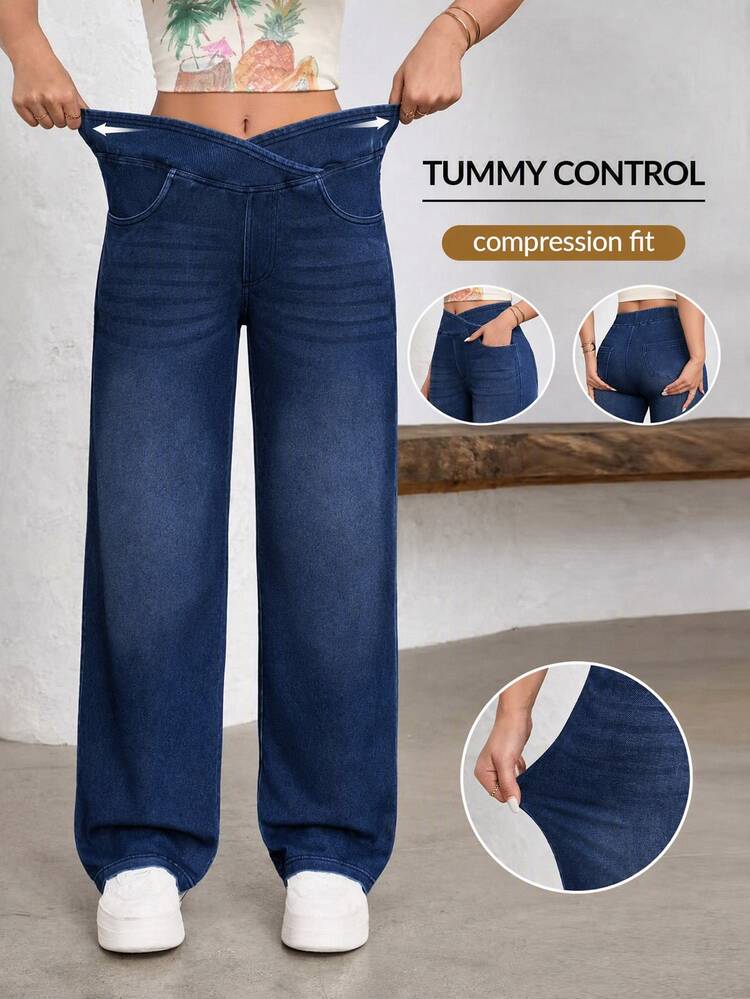 Flexra Celana Denim Rajut Sporty Kasual Elastis Gaya Jalanan Wanita dengan Potongan Lebar - Dark Wash - View 1
