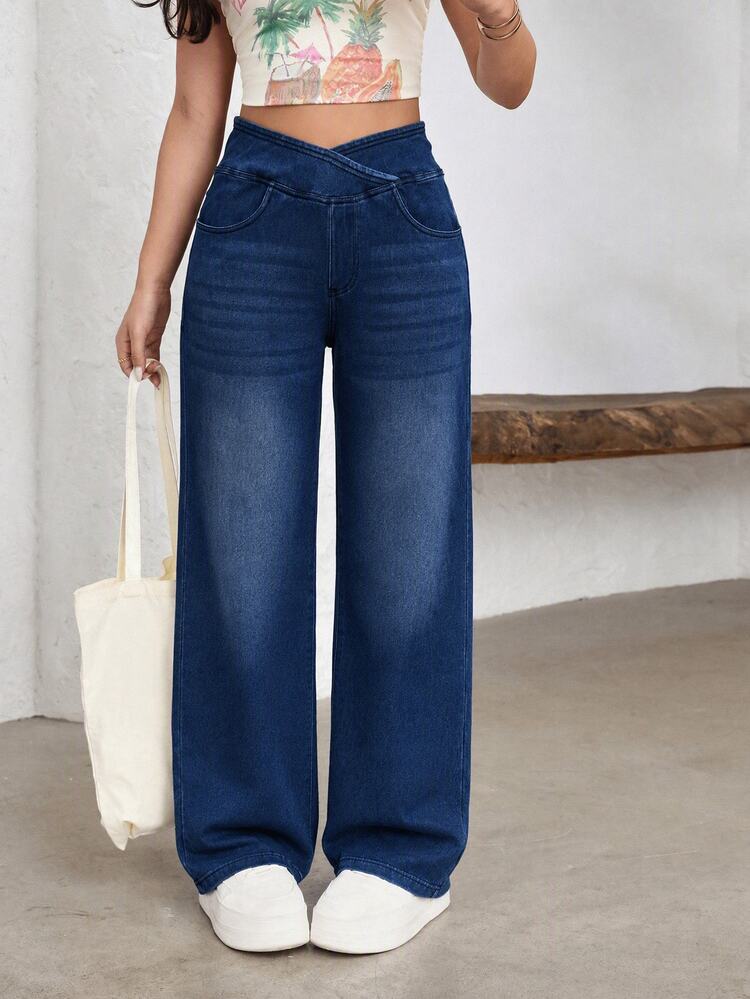 Flexra Celana Denim Rajut Sporty Kasual Elastis Gaya Jalanan Wanita dengan Potongan Lebar - Dark Wash - View 6