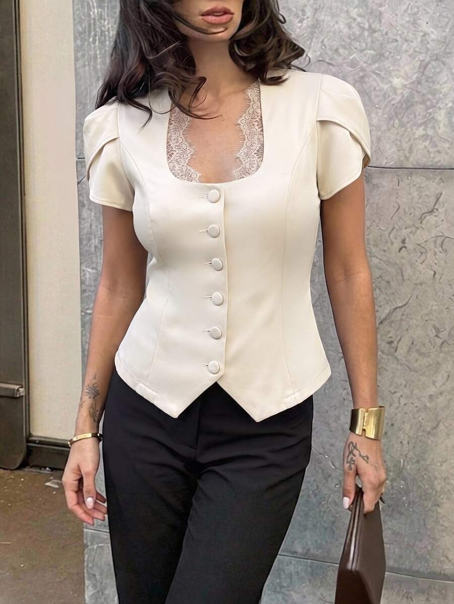 Aloruh 女款優雅U領蕾絲拼接收腰短袖西裝外套 - 卡其色 - 查看 1