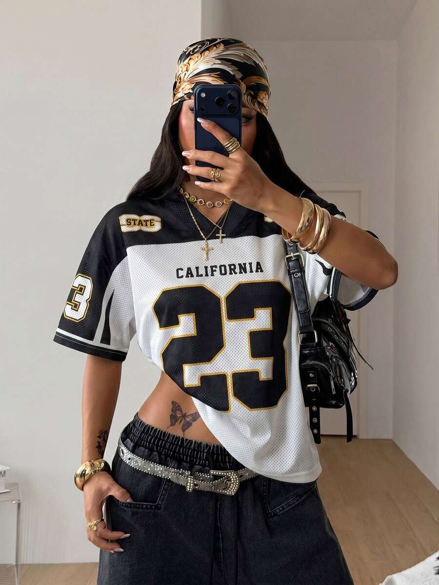 Coolane Women's Spring And Summer Y2K Streetwear Vintage Breathable Mesh Graphics Number Pattern Football T-Shirt,Summer Top - Black and White - View 1